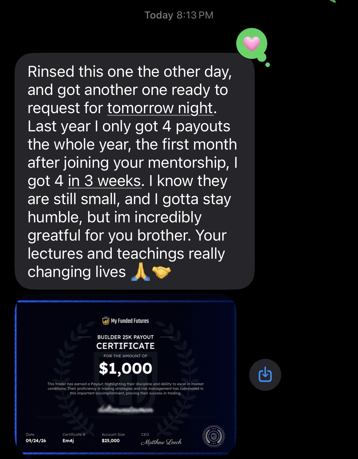 Payout confirmation shared with the community